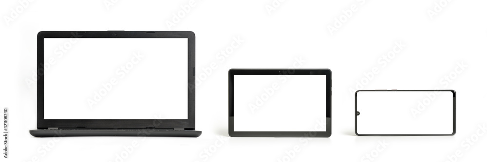 Laptop, tablet and smartphone isolated on white background - front view, each one is shot separately Laptop, tablet and smartphone isolated on white background - front view, each one is shot separately