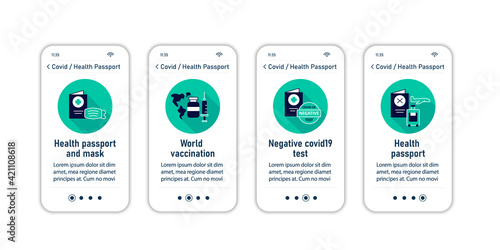 Health passport onboarding mobile app screens.Information about health status. Covid passport collections.Vaccination card steps menu. Set of UI, UX, web template with RGB color linear icons