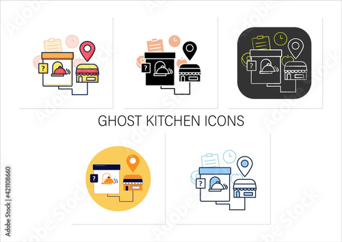 Ghost kitchen icons set. Preparation delivery-only meals. Contain kitchen more than one restaurant brand.Collection of icons in linear, chalk, flat, color, glyph styles.Isolated vector illustrations
