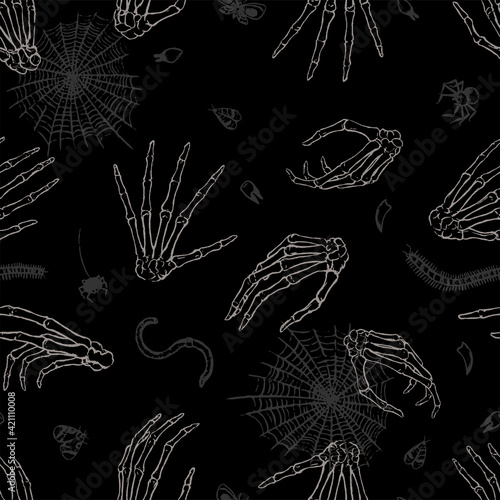 Human bone hands, teeth and insects. Hand drawn vector seamless pattern. Monochrome, sketches, engraving style ornament. Halloween spooky design for print, decor, background, wallpaper, wrap, fabric.