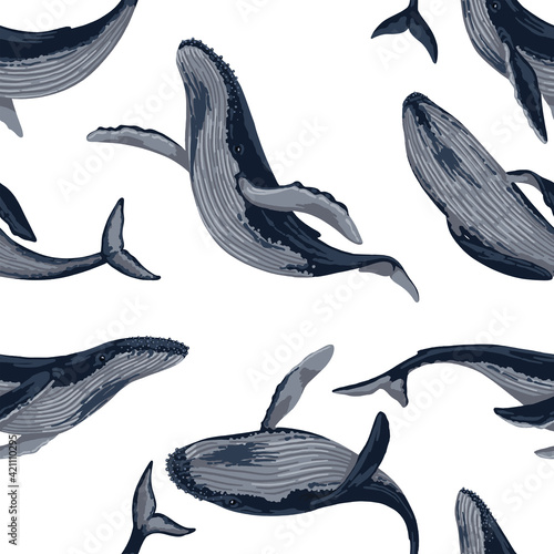 Seamless pattern of blue whales. Hand drawn vector illustration. Ocean mammal animal ornament. Beautiful underwater fauna. Colored design for fabric, textile, background, wallpaper, print, decor, wrap