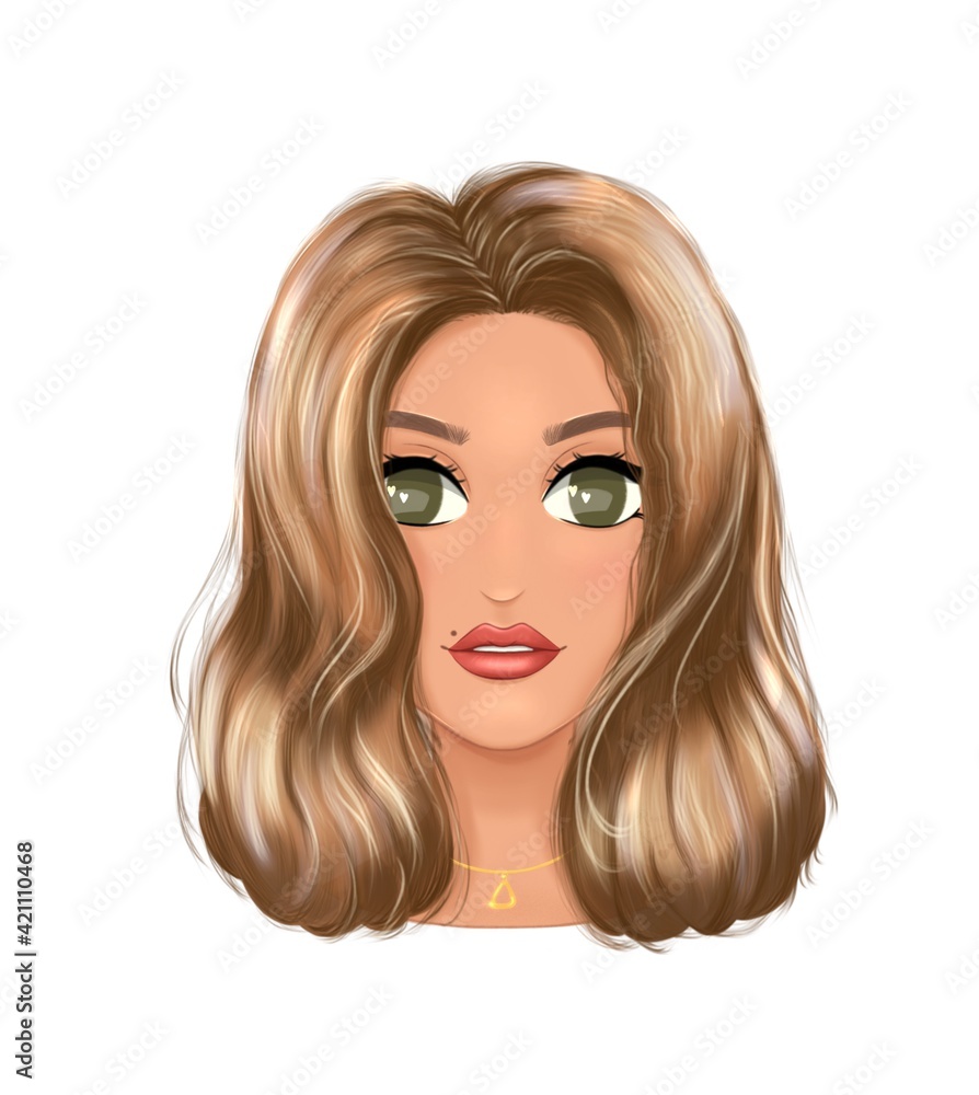Beautiful young brown hair woman with big green eyes. Cartoon character. Hand drawn illustration of hairstyle with natural long hair. Good idea for avatar, fashion logo, beauty salon, greeting card. Beautiful young brown hair woman with big green eyes. Cartoon character. Hand drawn illustration of hairstyle with natural long hair. Good idea for avatar, fashion logo, beauty salon, greeting card.