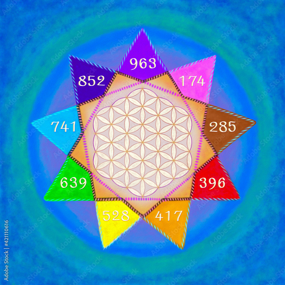 The Nine Solfeggio healing frequencies in a triple nine-pointed stars.  Colored by chakras colors. The flower of life surrounded by 9 ancient  sacred solfeggio tones. Stock Illustration | Adobe Stock