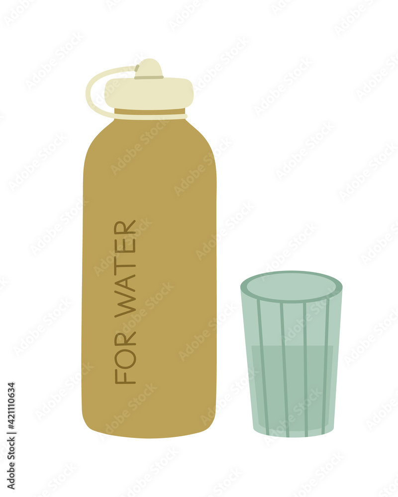 Vector illustration of a bottle for water and glass with water. Hand-drawn illustration in flat style, isolated on white. Concept of a healthy lifestyle, drinking water, zero waste. Vector illustration of a bottle for water and glass with water. Hand-drawn illustration in flat style, isolated on white. Concept of a healthy lifestyle, drinking water, zero waste.