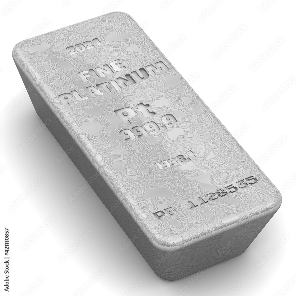 Fototapeta premium The highest standard platinum bar. One ingot of 999.9 Fine Platinum bar on white background. 3D illustration