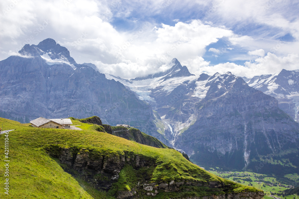 The Grindewald Valley and mountain trail in Switzerland on a sunny day