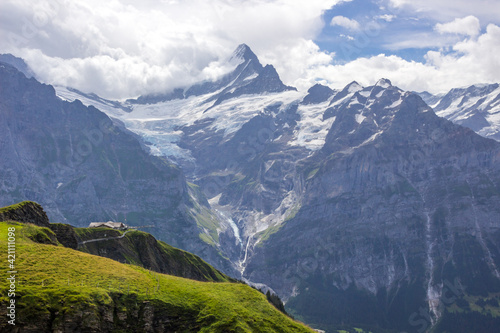 The Grindewald Valley and mountain trail in Switzerland on a sunny day