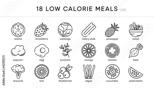18 low calorie icon set. Low calorie diet snack foods vector line icons set. Isolated on a white background. Modern editable line icon set. Your web mobile application logo design.