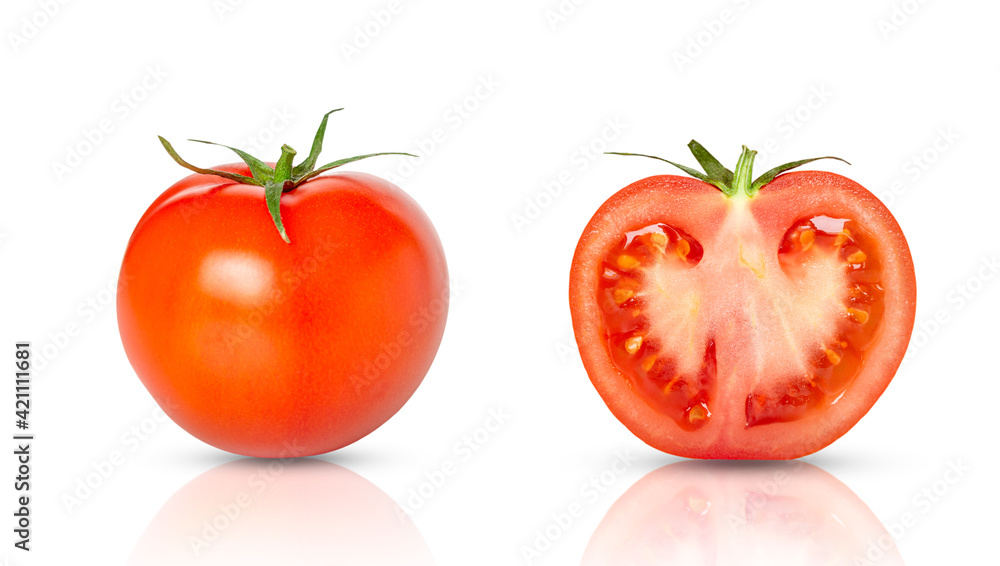 fresh tomato and tomato slice with shadow isolated on white fresh tomato and tomato slice with shadow isolated on white