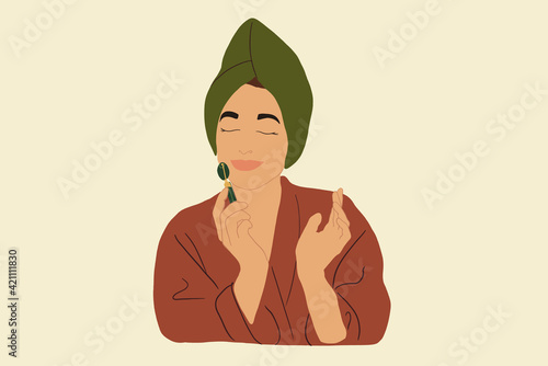 Beautiful woman in pink bathrobe with facial massage roller doing anti-age massage. Beauty routine and wellness. Vector illustration
