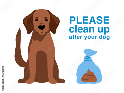 Dog poop in plastic bag isolated on background. Warning pick up excrement, feces, shit outdoors. Care of environment and save nature park. Street banner, flyer, information sign. Vector illustration.