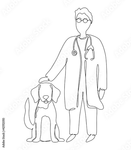 Drawn veterinarian doctor examining and care of sick dog. Pet health care service concept. Continuous line drawing design for banner, flyer, vet clinic, veterinary. Vector illustration one line art.