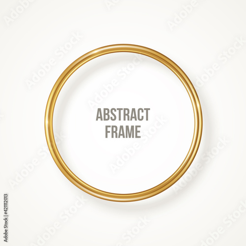 Golden circle frame isolated on white background. Vector illustration. Gold 3d round label, modern badge, bronze metallic wire speech bubbles for motivational quotes, luxury realistic border