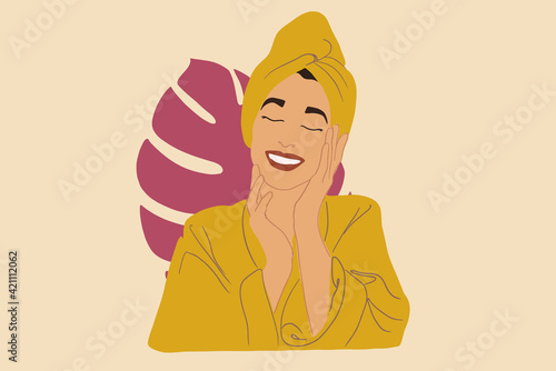 Pretty smiling woman enjoying after Spa in yellow bathrobe and towel with pink palma leaf on background. SPA and wellness routine. Vector Illustration.