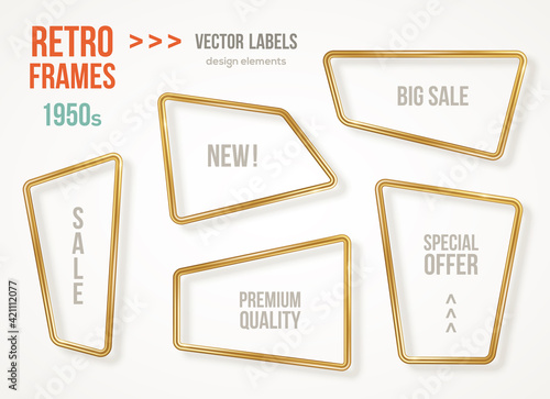 Set of retro 3d golden frames isolated on white background. Vector illustration. Vintage square labels, promotional badges, gold wire rectangle speech bubbles for motivational quotes.