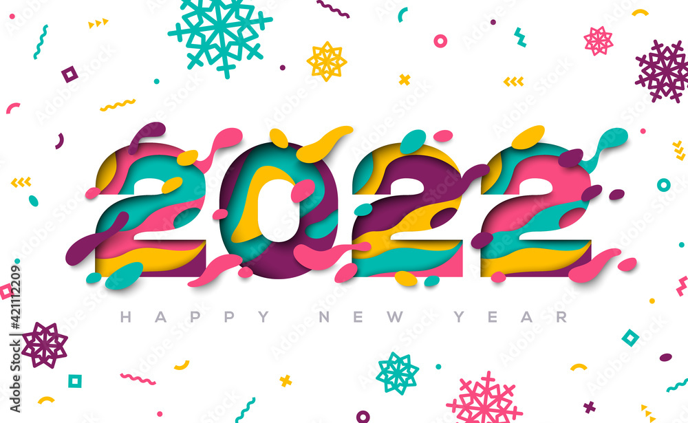 Happy New Year 2022 typography design with abstract paper cut shapes and confetti with snowflakes. Vector illustration. Happy New Year 2022 typography design with abstract paper cut shapes and confetti with snowflakes. Vector illustration.