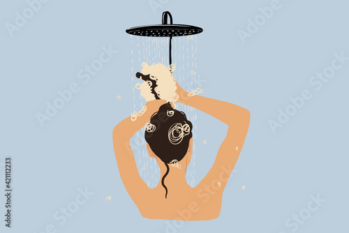 Woman taking shower bath, washing head with shampoo while hair in the foam. Hygiene, morning routine concepts. Vector illustration