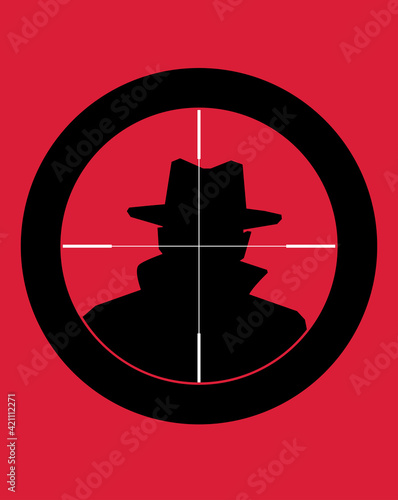Retro style illustration of man wearing fedora hat and coat in sniper scope. For book covers, posters etc.