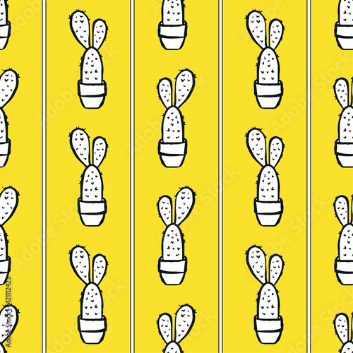  Cactus Vector Seamless pattern. Nature. Hand drawn doodle cacti. Desert Floral background. Black and white succulents print on a yellow fond in the scandinavian style