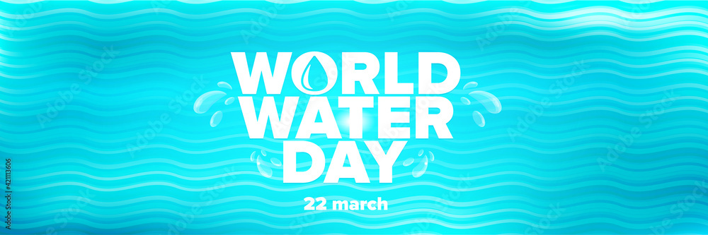 World water day horizontal banner design template. 22 march International water day concept horizontal vector illustration with text and water bubbles on blue water background.