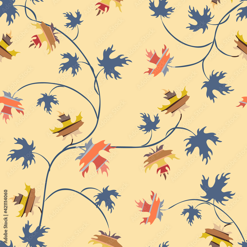 Fototapeta premium Autumn leaves seamless pattern. Vector background with colorful maple leaf silhouettes on yellow backdrop. Elegant abstract texture. Hand drawn art. Repeat design for tileable print, decor, fabric