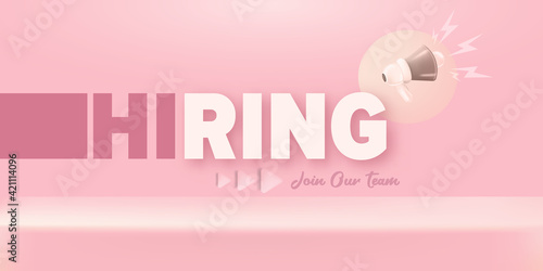 We are hiring an advertising horizontal banner with a megaphone on pastel pink background. Banner with a megaphone for promoting your announcement