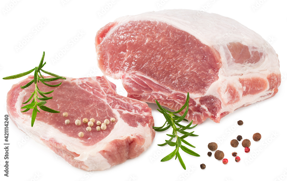 raw pork meat with rosemar, peppercorn and slices isolated on white background. Clipping path and full depth of field raw pork meat with rosemar, peppercorn and slices isolated on white background. Clipping path and full depth of field