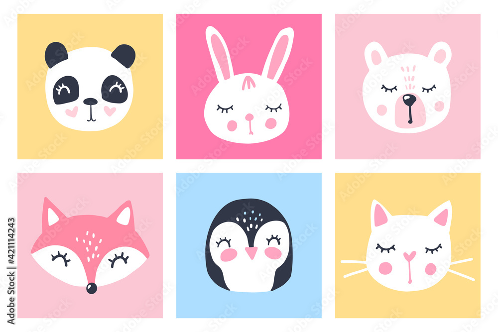 Vector set with cartoon animals - panda, bunny, teddy bear, cat, fox, penguin. Funny series animals. Adorable cute animals.