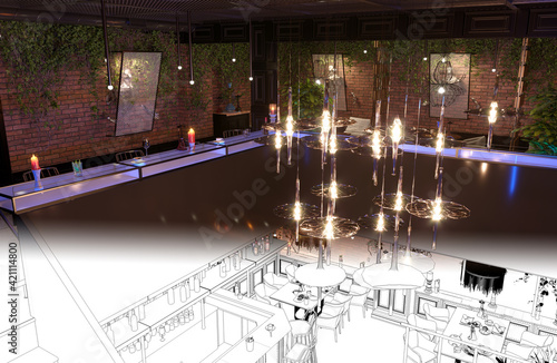 bar counter in a nightclub, interior visualization, 3D illustration