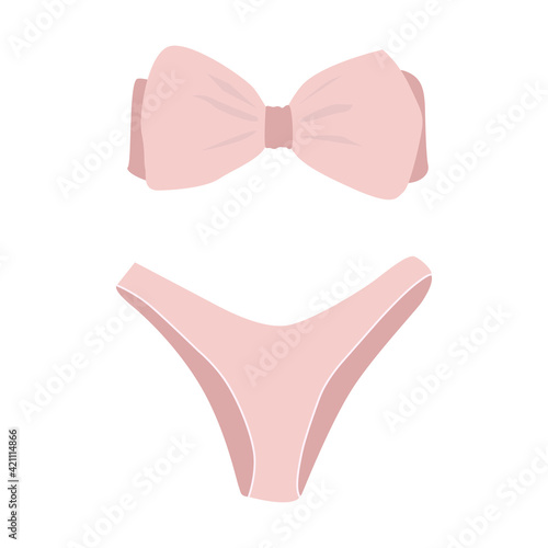 Flat vector cartoon illustration of a stylish nude-colored swimsuit. Fashionable women's swimsuit with a bow on top and panties. Bikini top and bottom. Drawing on a white background.