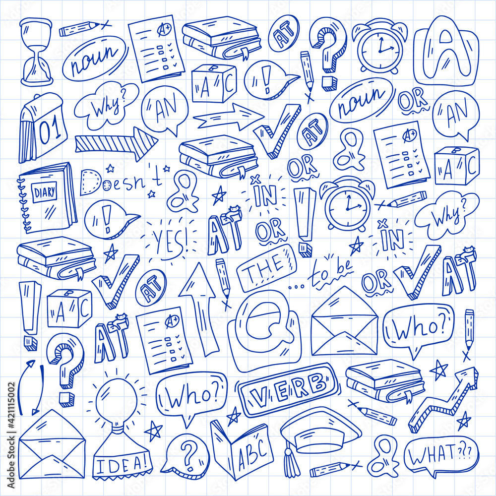 Doodle vector pattern. Illustration of learning English language. E-learning, online education in internet. Doodle vector pattern. Illustration of learning English language. E-learning, online education in internet.
