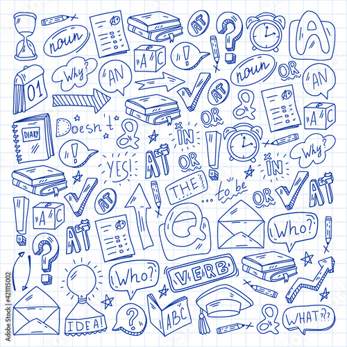 Doodle vector pattern. Illustration of learning English language. E-learning, online education in internet.
