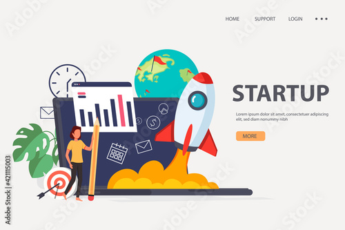 Starting a new business project. Development process. Product innovation, creative ideas. Starting launch, Startup business, entrepreneurial concept. Vector illustration