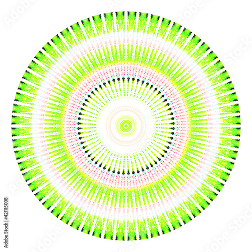 Creative multicolored points round symbol. Abstract symmetrical logo. Mosaic colorful beautiful beads. Circle dots modern pixel floral art icon. Colored pattern ornament wheel decorative illustration.