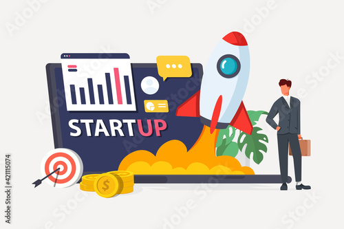 Starup Konsep desain datar modern Mulai proyek Anda untuk situs web dan situs web seluler. Template halaman landing. Mudah diedit dan disesuaikan. Ilustrasi vektor