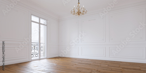 rendu 3d d'un intérieure de type haussmannien avec porte fenêtre
