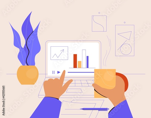 Laptop screen with diagrams. Hands working on laptop with finances, report, data analysis. Vector illustration in flat style
