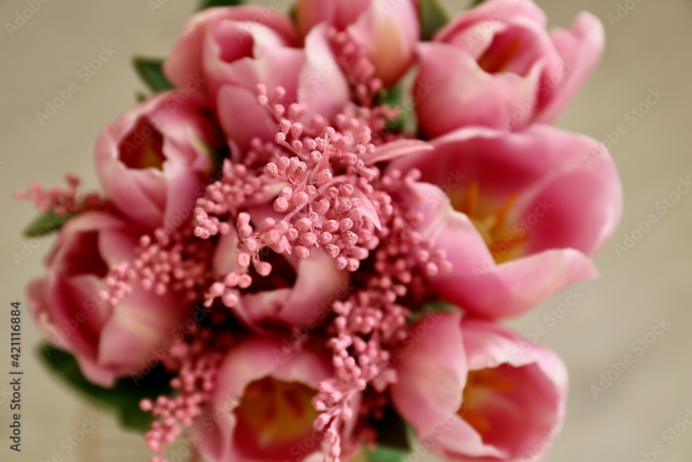 Bouquet of beautiful pink tulips in early spring as a postcard or picture with nice flowers Bouquet of beautiful pink tulips in early spring as a postcard or picture with nice flowers