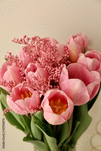 Bouquet of beautiful pink tulips in early spring as a postcard or picture with nice flowers