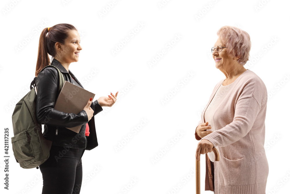 Young female student talking to her grandmother