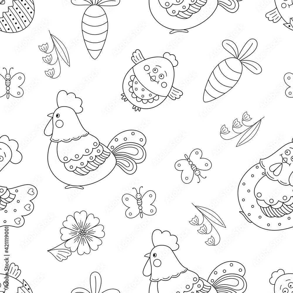 Obraz premium vector flat funny chicken family seamless pattern 02