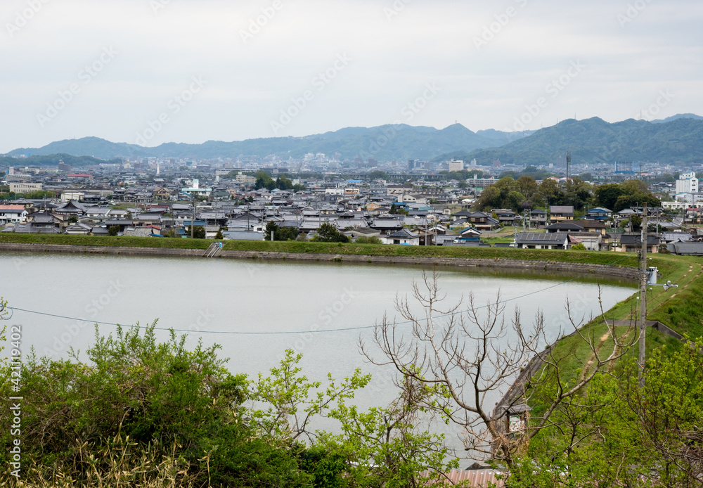 Fototapeta premium Ebara Lake near Yasakaji, temple number 47 of Shikoku pilgrimage - Matsuyama, Ehime prefecture, Japan