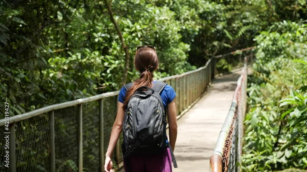 Girl walking through the rain forest on Rio Celeste in Parque Nacional Volcán Tenorio, Costa Rica. Mid angle, parallax movement, slow motion, HD. Girl walking through the rain forest on Rio Celeste in Parque Nacional Volcán Tenorio, Costa Rica. Mid angle, parallax movement, slow motion, HD.