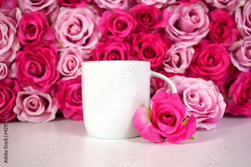 Flower wall aesthetic Mother s Day Valentine wedding coffee mug product mockup.