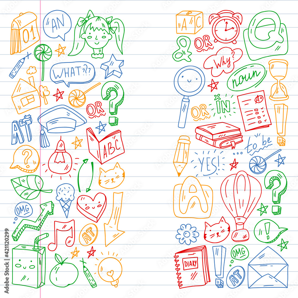 Back to school. Vector illustration with icons about education. English learning. Online internet courses.