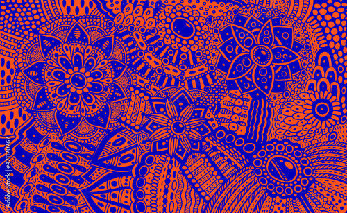 Aboriginal art. Flower ornament with patterns and leaves. Orange and dark blue colors. Boho tribal surreal colorful background. Abstract folk art pattern. Psychedelic art. Vector artwork
