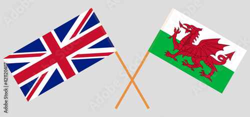 Crossed flags of the UK and Wales. Official colors. Correct proportion