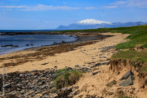 Ytri Tunga beach with Snaefellsjökull in the background, Snaefellsnes peninsula, Iceland