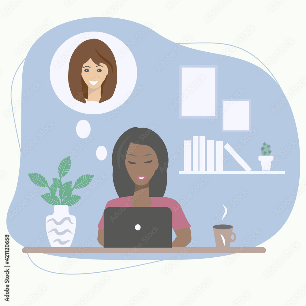 A girl at home communicates with a girlfriend on the network. Friendship of people of different skin colors. Vector illustration A girl at home communicates with a girlfriend on the network. Friendship of people of different skin colors. Vector illustration