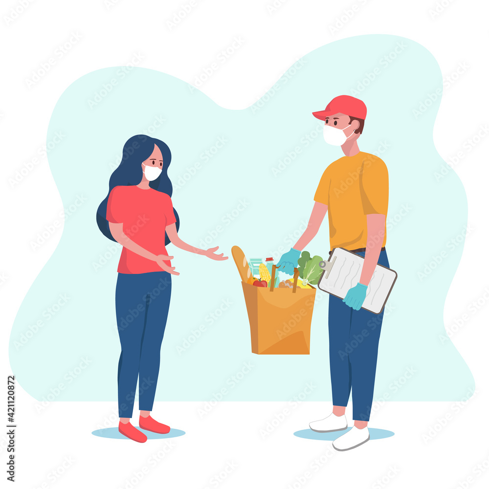 Safe delivery concept. Courier in protective mask and gloves deliver food to people in quarantine. Girl in mask receives the parcel with food. Vector illustration. Coronavirus, quarantine delivery. Safe delivery concept. Courier in protective mask and gloves deliver food to people in quarantine. Girl in mask receives the parcel with food. Vector illustration. Coronavirus, quarantine delivery.